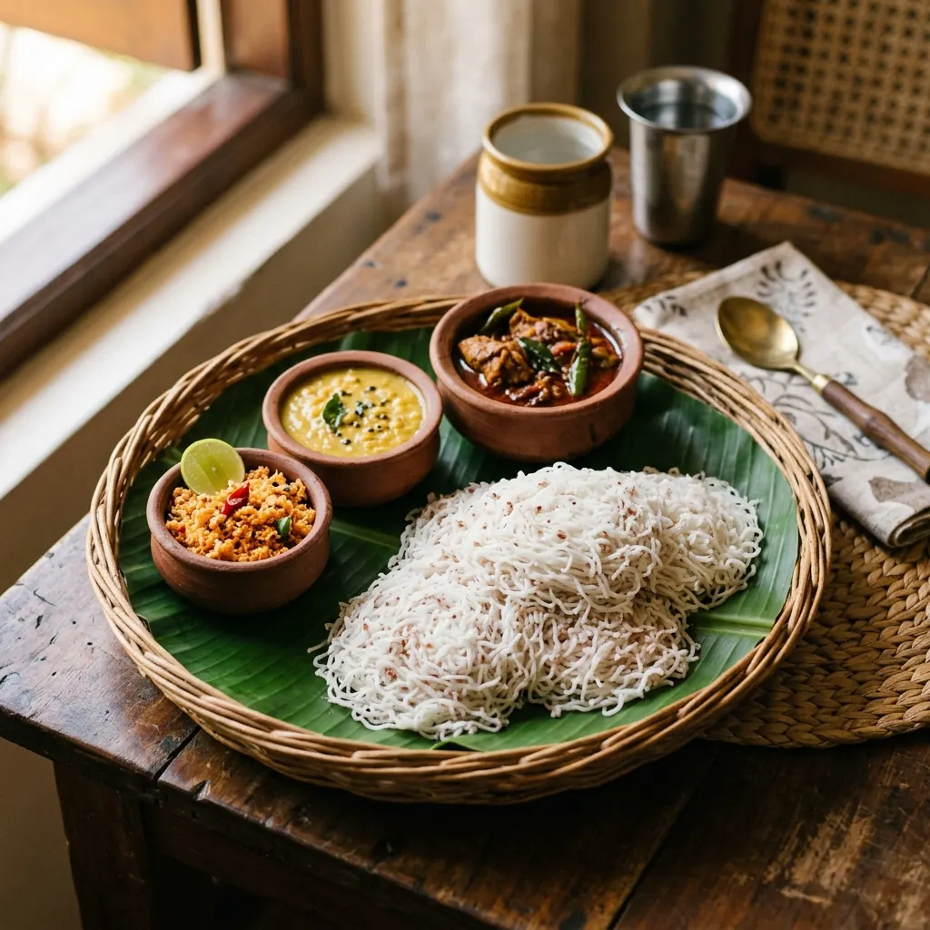 Fresh Sri Lankan string hopper meal with curries